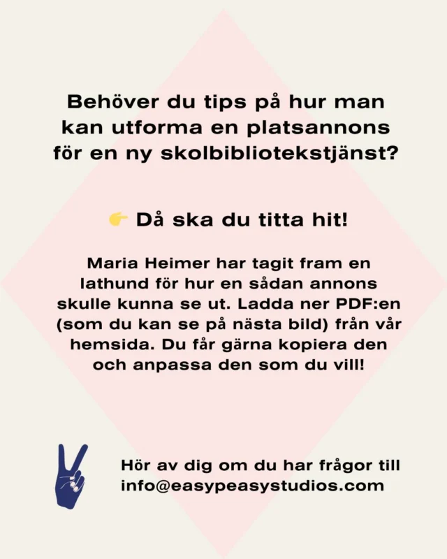 📚 Hur ser en rimlig platsannons för en skolbibliotekarie egentligen ut?
Och vilka förväntningar ska vi ha – på bibliotekarien, och på resten av skolan?

Vi bad skolbibliotekarien och författaren Maria Heimer formulera en platsannons.
Syftet? Att hjälpa rektorer och kollegium förstå vad som krävs för att ett bemannat skolbibliotek ska fungera på riktigt.

📉 I dag saknar hälften av Sveriges 5 000 grundskolor ett bemannat skolbibliotek.
📌 Samtidigt finns bara ett 40-tal utannonserade tjänster – ofta på 10 procent.
Det säger sig självt: Förväntningarna matchar inte verkligheten.

📖 Missa inte Marias tre snabblästa handböcker om skolbibliotek:
✔ Praktiska checklistor
✔ För skolor som vill bygga upp eller utveckla sin verksamhet
✔ Riktade till både skolledare, personal och bibliotekarier

👉 Läs mer på vår webb och använd böckerna som underlag för samtal, strategi – och förändring.

Mejla oss för att få PDF:en på annonsen på info@easypeasystudios.com

@miaheimer

#skolbibliotek #bemannatskolbibliotek #mariaheimer #checklistaskolbibliotek #läsfrämjande #skolutveckling #debatt #skolledare #easypeasy #makeiteasypeasy